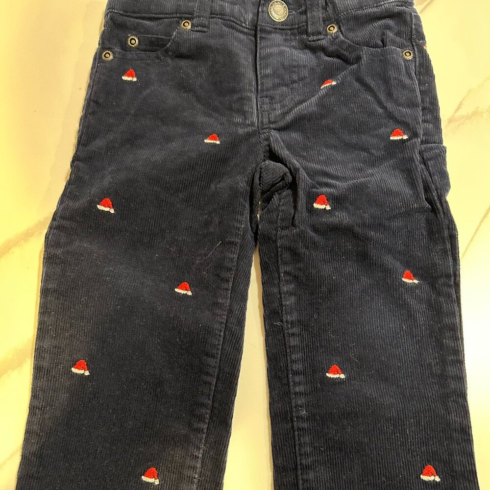 JANIE and JACK Navy Blue Corduroy Pants with Embroidered Santa Hat. Boys/Kids
